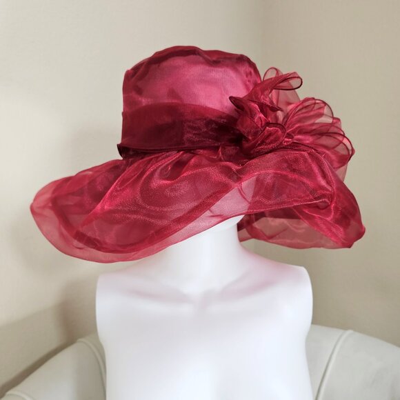 Burgundy Wine Red Organza Kentucky Derby Hat Wide Brim Church Wedding Fascinator - Picture 1 of 5
